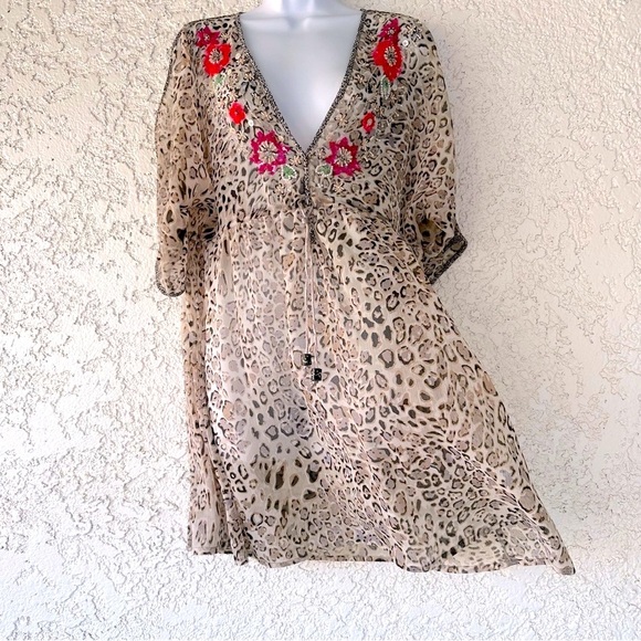 DEHRY PARIS sheer boho cheetah embellished dress coverup M - Picture 7 of 13